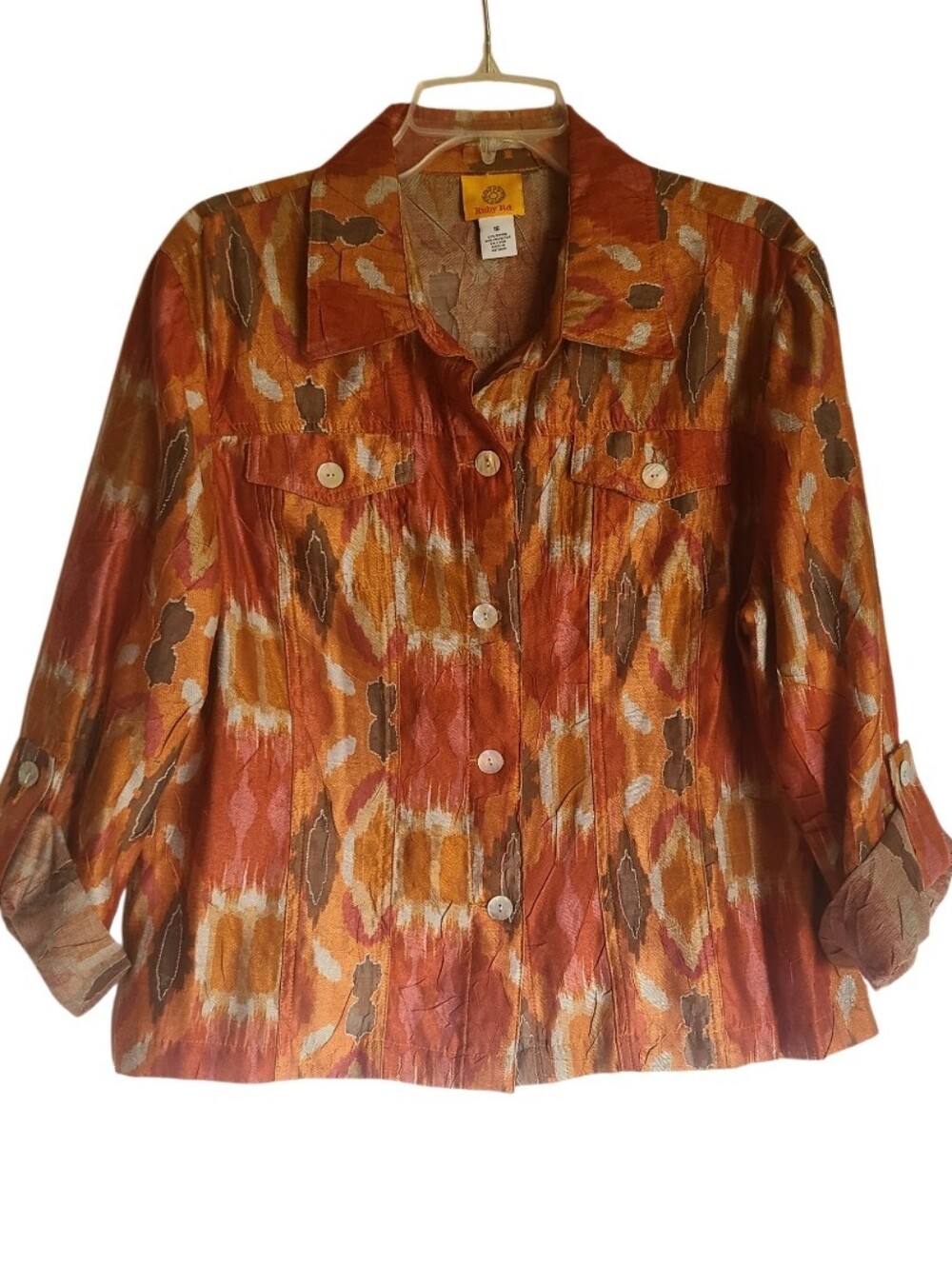 Ruby Rd Ikat Abstract Print Linen Blend Roll Tab Sleeve Jacket Orange Size 16